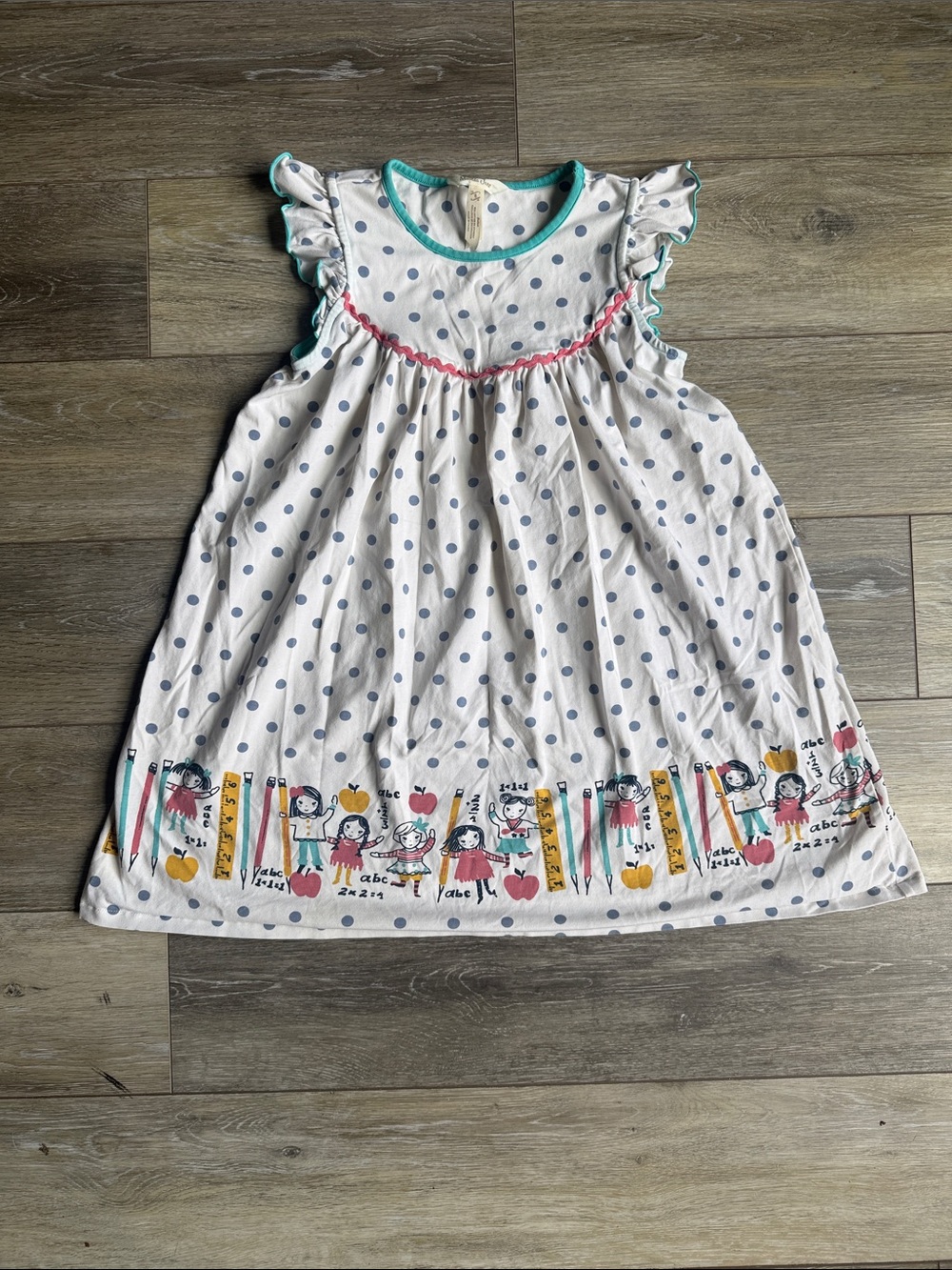 Matilda Jane White Dress with Navy Polka Dots and Multicolor School Print